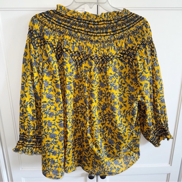ZARA Floral Print Smocked Tie Neck Blouse Mustard/Blue Sz XLarge Boho Cotton - Picture 7 of 16